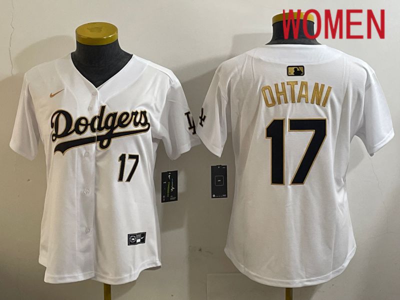 Women Los Angeles Dodgers #17 Ohtani White Gold Game 2024 Nike MLB Jersey style 1209->women mlb jersey->Women Jersey